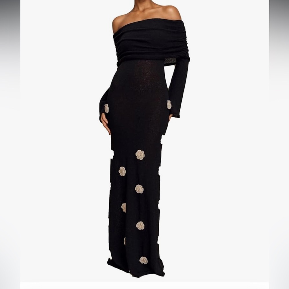 Off-Shoulder Black Dress with Floral Appliqués - Small